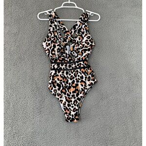 Tempt Me Women's Leopard Print One Piece Swimsuit V Neck Criss Cross Medium